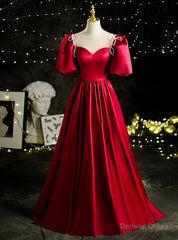 Burgundy Satin Puff Sleeve Beading Prom Dress