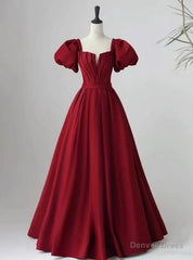 Burgundy Satin Puff Sleeve Pleats Prom Dress