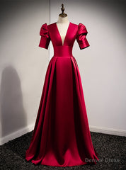 Burgundy Satin Puff Sleeve V-neck Backless Prom Dress