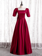 Burgundy Satin Short Sleeve Bow Prom Dresses