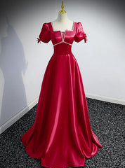 Burgundy Satin Square Puff Sleeve Beading Prom Dresses