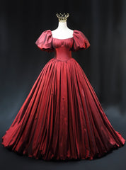 Burgundy Satin Square Puff Sleeve Pleats Prom Dresses