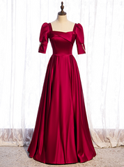 Burgundy Satin Square Short Sleeve Pearls Prom Dresses