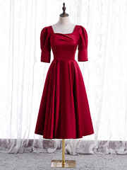 Burgundy Satin Square Short Sleeve Tea Length Prom Dress