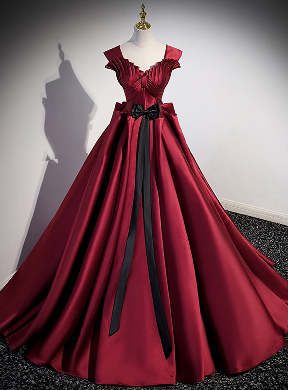 Burgundy Satin Strapls Pleats Prom Dress With Bow