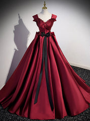 Burgundy Satin Strapls Pleats Prom Dresses With Bow