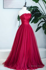 Burgundy Satin Tulle Long Prom Dress, A-Line Strapless Evening Dress