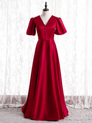 Burgundy Satin V-neck Backless Short Sleeve Prom Dress