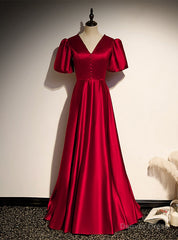 Burgundy Satin V-neck Puff Sleeve Backless Prom Dress