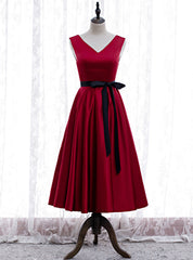 Burgundy Satin V-neck Tea Length Prom Dresses With Sash