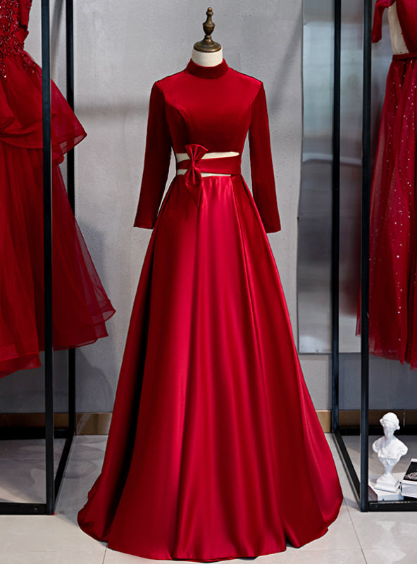 Burgundy Satin Velvet Long Sleeve Cut Out Prom Dress