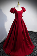 Burgundy Scoop Neckline Satin Long Prom Dresses, Short Sleeve Evening Dresses