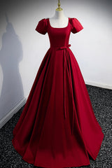 Burgundy Scoop Neckline Satin Long Prom Dresses, Short Sleeve Evening Dresses