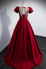 Burgundy Scoop Neckline Satin Long Prom Dresses, Short Sleeve Evening Dresses