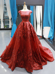 Burgundy Sequins Ball Gown Cap Sleeve Backless Prom Dresses