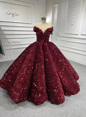 Burgundy Sequins Ball Gown Cap Sleeve Prom Dresses