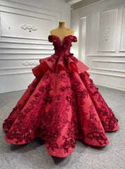 Burgundy Sequins Off the Shoulder 3D Flower Floor Length Prom Dresses