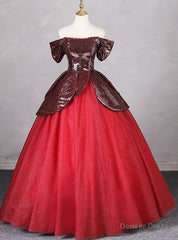 Burgundy Sequins Tulle Off the Shoulder Quinceanera Dress