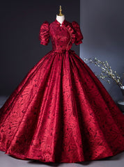 Burgundy Short Sleeve High Neck Backless Quinceanera Dresses