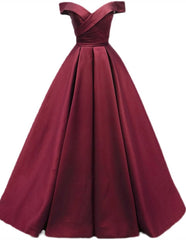 Burgundy Simple A-line Floor Length Satin Off Shoulder Party Dresses, Long Evening Dresses