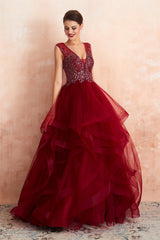 Burgundy Sleeveless Aline Puffy Tulle Prom Dresses with Sequins