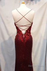 Burgundy Spaghetti Straps Sheath Sequins Prom Dress with Appliques