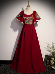 Burgundy Square Short Sleeve Embroidery Appliques Prom Dresses