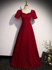 Burgundy Square Square Puff Sleeve Button Prom Dresses