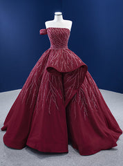 Burgundy Strapless Beading Prom Dresses