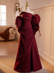 Burgundy Strapless Pleats Split Prom Dresses