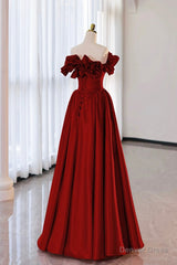 Burgundy Strapless Satin Long Prom Dress, A-Line Evening Party Dress