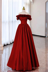 Burgundy Strapless Satin Long Prom Dress, A-Line Evening Party Dress