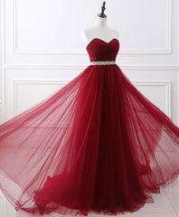 Burgundy Sweet Neck Tulle Long Prom Gown, Burgundy Evening Dresses