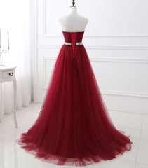 Burgundy Sweet Neck Tulle Long Prom Gown, Burgundy Evening Dresses