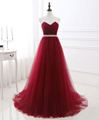 Burgundy Sweet Neck Tulle Long Prom Gown, Burgundy Evening Dresses