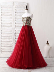 Burgundy Sweetheart Neck Lace Applique Tulle Long Prom Dresses