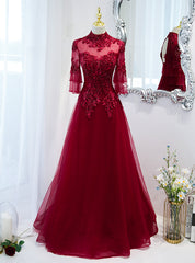 Burgundy Tulle Appliques Beading Short Sleeve Prom Dress