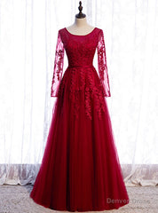 Burgundy Tulle Appliques Long Sleeve Prom Dress