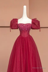 Burgundy Tulle Beaded Floor Length Prom Dress, A-Line Short Sleeve Evening Dress