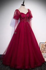 Burgundy Tulle Beaded Long Sleeve Prom Dresses, A-Line Evening Graduation Dresses