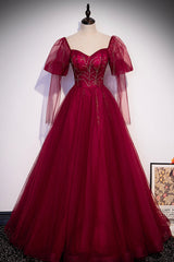 Burgundy Tulle Beaded Long Sleeve Prom Dresses, A-Line Evening Graduation Dresses