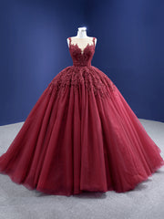 Burgundy Tulle Beading Sequins Illusion Neck Prom Dresses