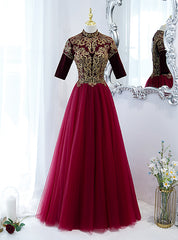 Burgundy Tulle Beading Short Sleeve Prom Dress