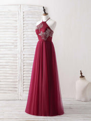 Burgundy Tulle Beads Long Prom Dresses Burgundy Evening Dresses