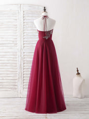 Burgundy Tulle Beads Long Prom Dresses Burgundy Evening Dresses