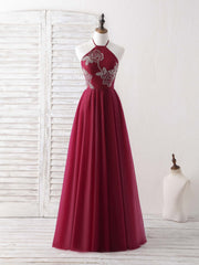 Burgundy Tulle Beads Long Prom Dresses Burgundy Evening Dresses