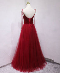 Burgundy tulle beads long prom Dresses, burgundy tulle formal Dresses