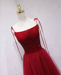 Burgundy tulle beads long prom Dresses, burgundy tulle formal Dresses