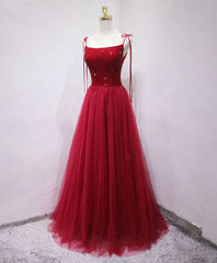 Burgundy tulle beads long prom Dresses, burgundy tulle formal Dresses