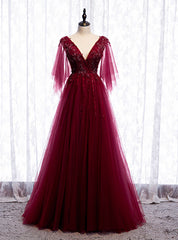 Burgundy Tulle Deep V-neck Beading Prom Dresses